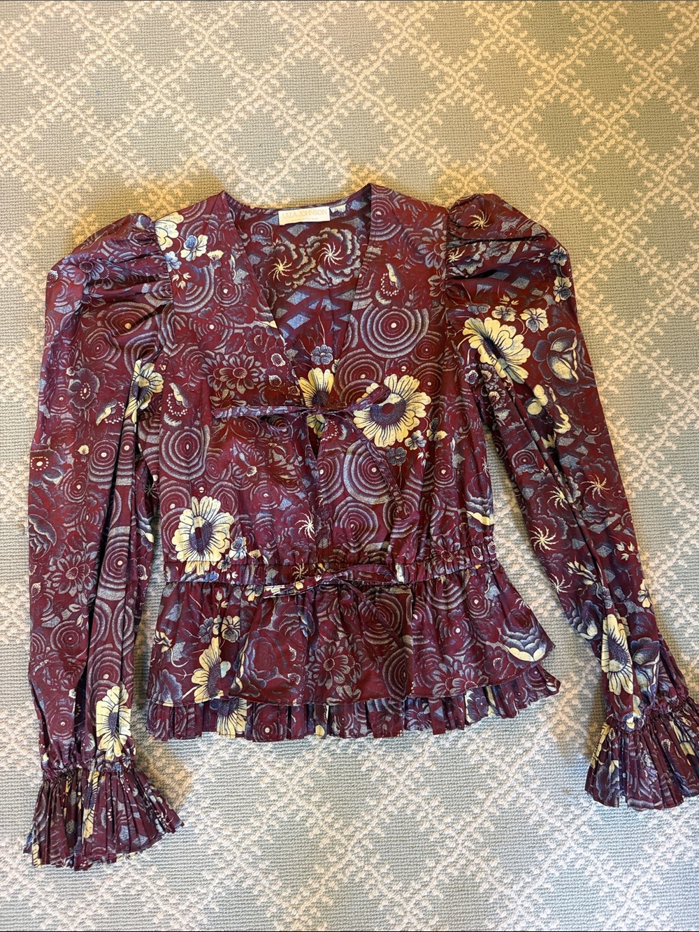 Ulla Johnson Ren Blouse Teak Burgundy Floral Puff Sleeve Ruffle Top 4 Small